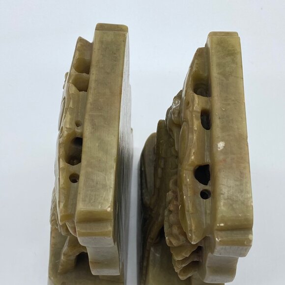 Vintage Pair of Hand-Carved Green Soapstone Bookends Phoenix Bird Lotus Flower - Picture 15 of 16